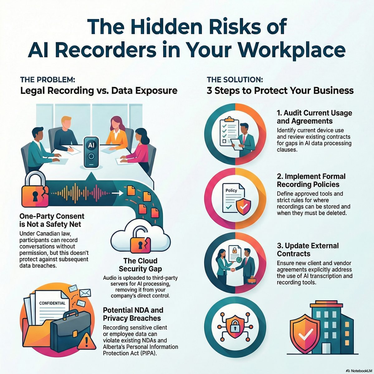 The hidden risks of AI recorders in your workplace, including participant recording, AI processing, cloud storage, confidentiality exposure, and policy response steps