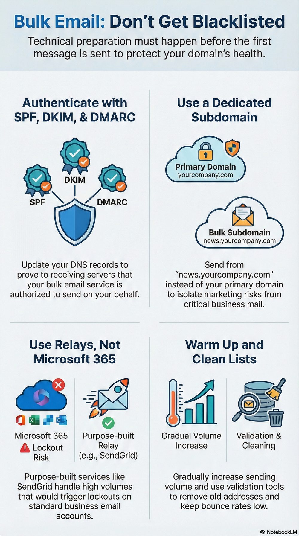 Bulk email setup checklist: authenticate with SPF, DKIM, and DMARC; use a dedicated subdomain; use relay services instead of Microsoft 365; warm up gradually and clean your contact lists
