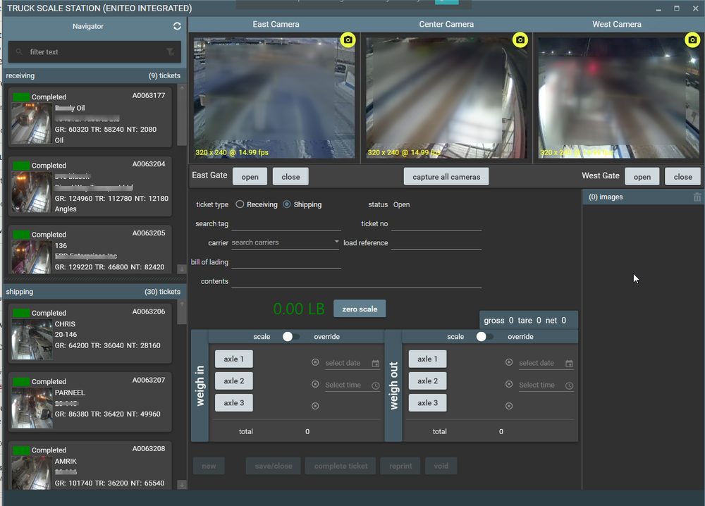 Screenshot of the Truck Scale Station application showing live camera feeds, scale data, transaction history, and Eniteo ERP integration in a single unified interface.