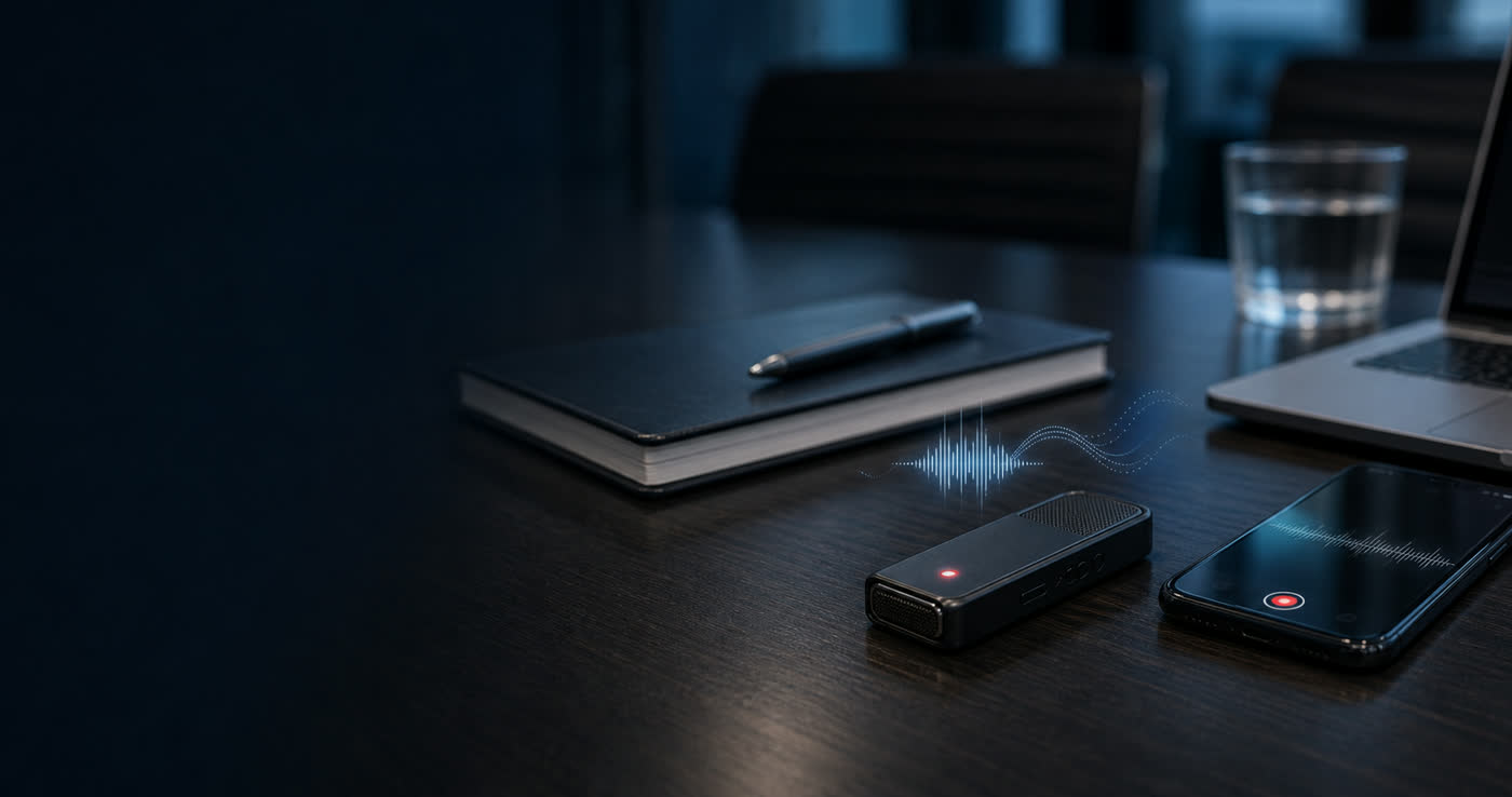 Dedicated voice recorder and smartphone actively recording on a conference room table.