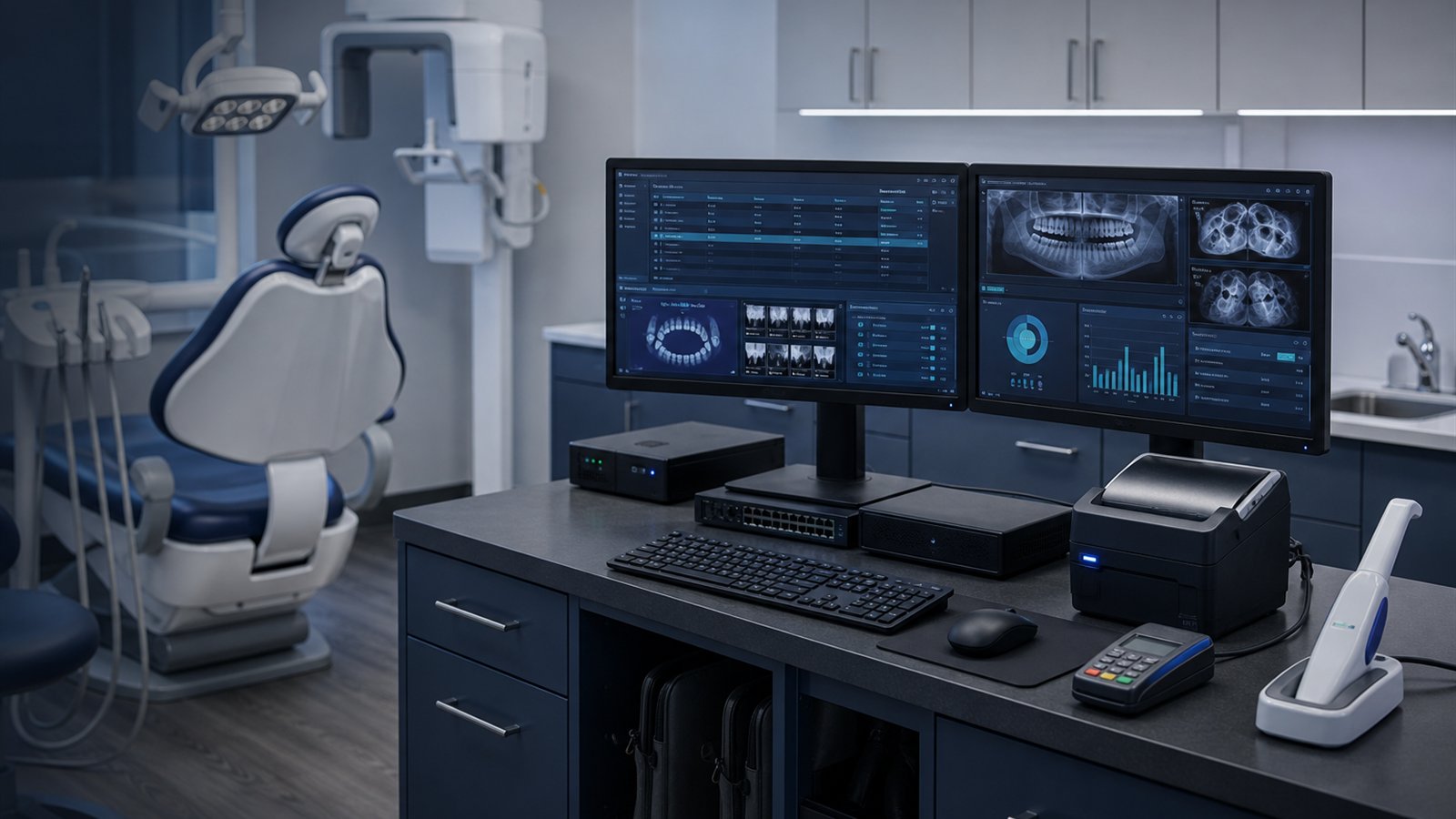 Dental practice workstation with practice management screens, dental imaging review, secure printer, network hardware, and operatory chair