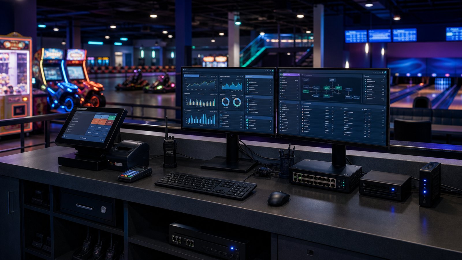 Entertainment venue operations workstation with POS, attraction dashboards, network hardware, arcade, go-kart, and bowling systems