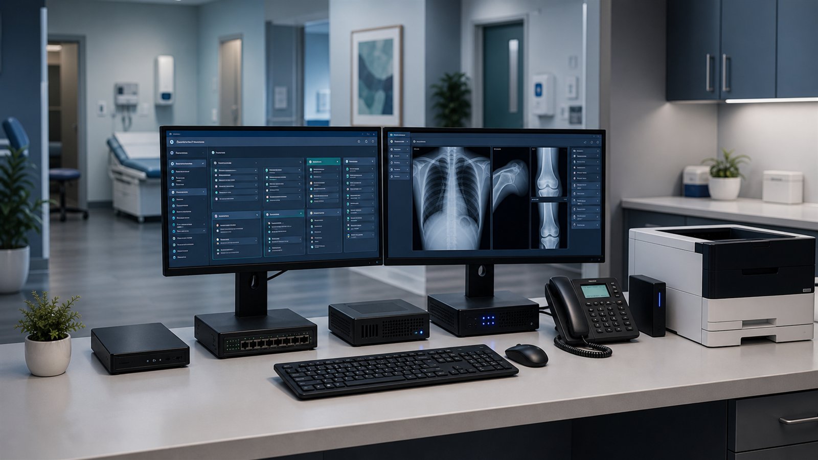 Medical clinic workstation with EMR screens, diagnostic imaging review, secure printer, and network hardware