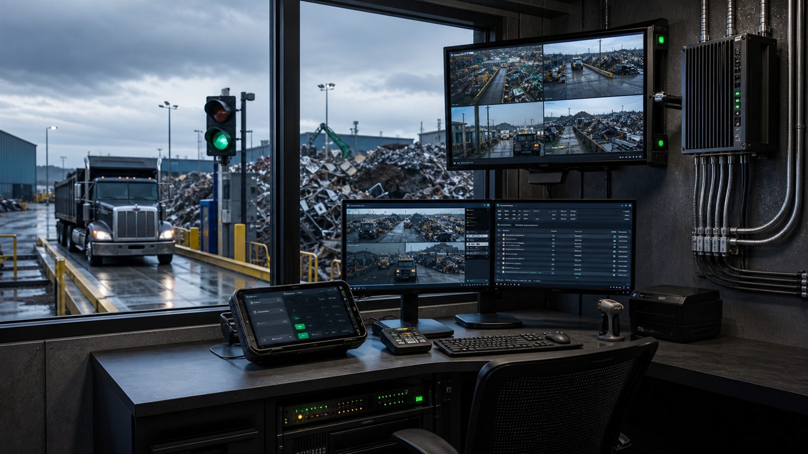 Metals recycling scale house workstation with yard cameras, truck scale, rugged monitors, and industrial networking