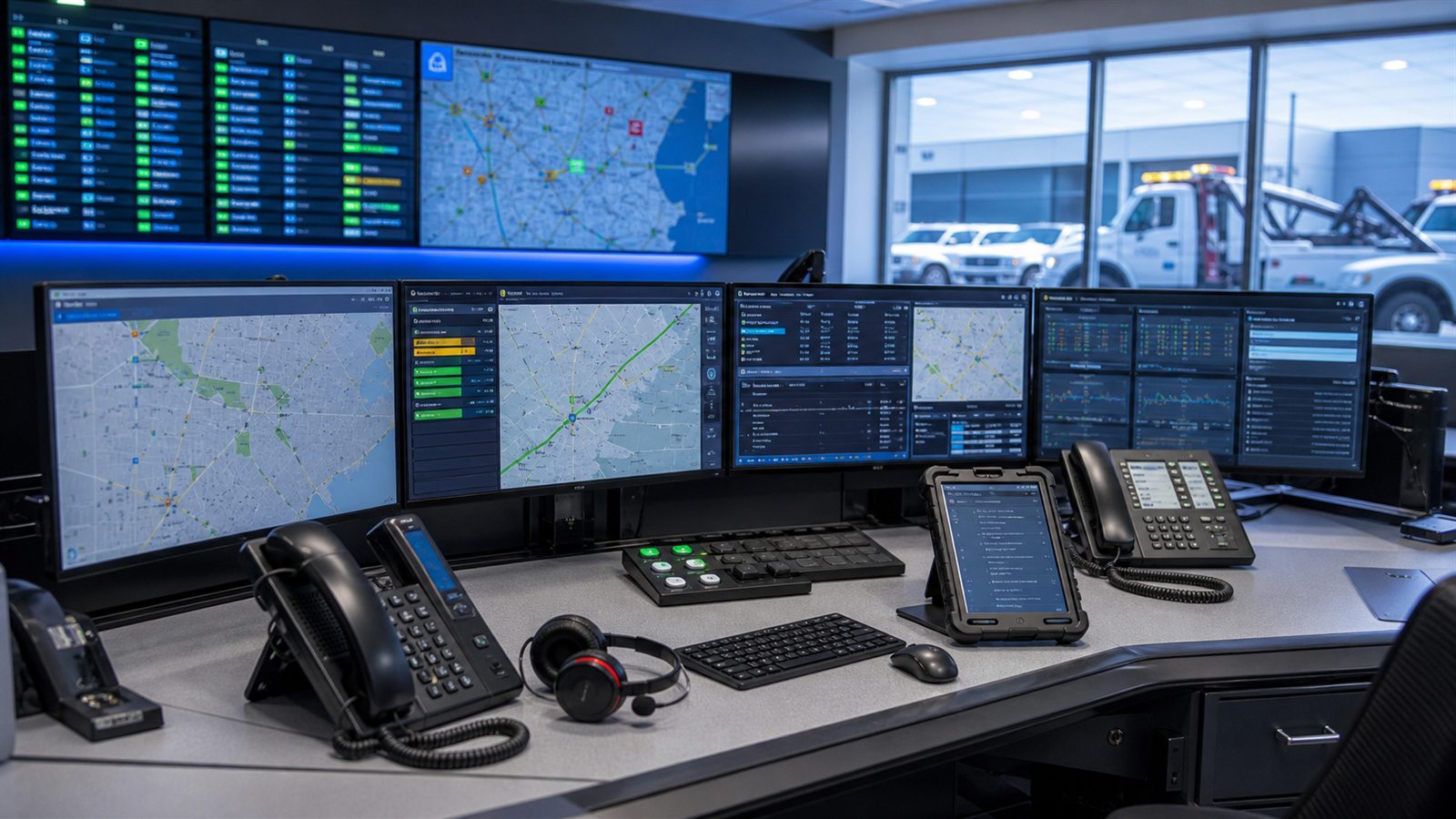 Transportation dispatch workstation with fleet tracking, call handling, driver connectivity, and payment systems