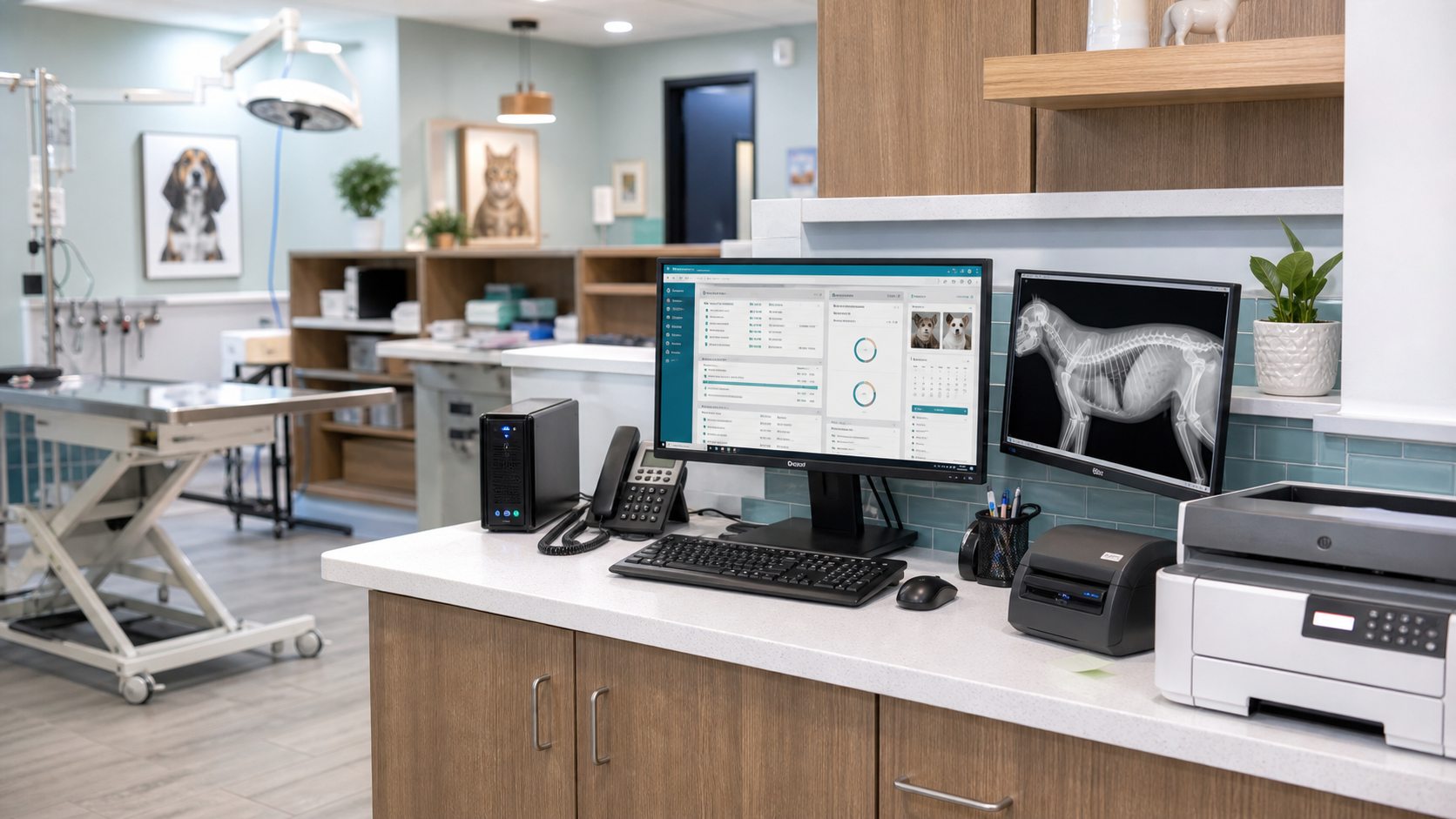 Veterinary clinic workstation with practice management, imaging, secure printing, and backup technology